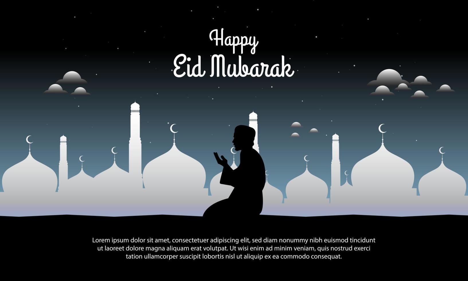 Vector graphic of Ramadan Kareem with silhouette of Moslem Praying on Night Scene Background