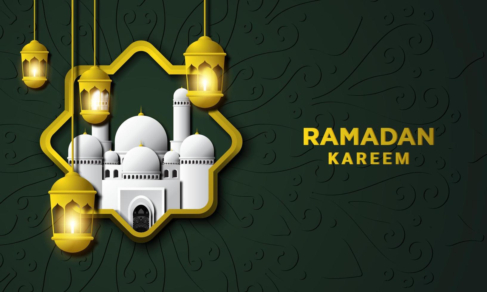 Vector graphic of Ramadan Kareem with White Mosque. Fit for greeting card, wallpaper and other.