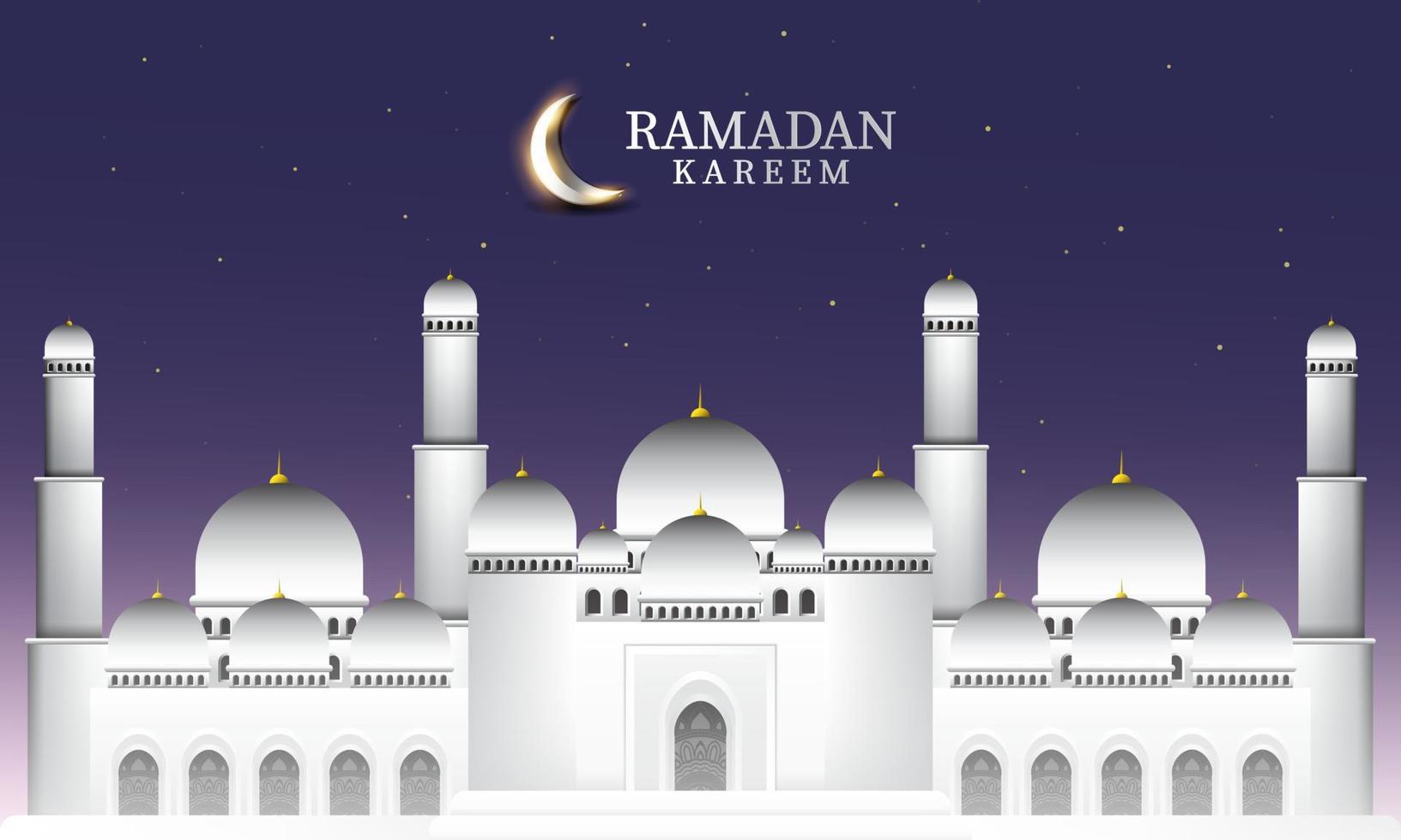 Vector graphic of Ramadan Kareem with White Mosque and night sky background. Fit for greeting card, wallpaper and other ramadan background.
