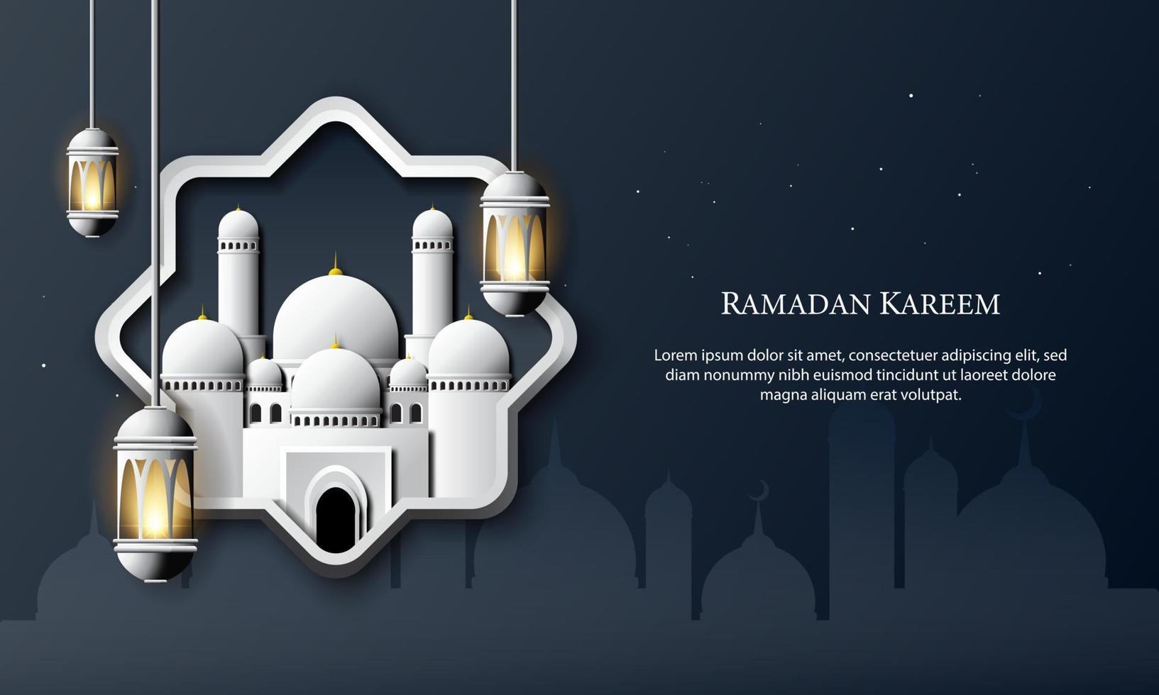 Vector graphic of Ramadan Kareem with White Mosque and Lantern. Fit for greeting card, wallpaper and other.