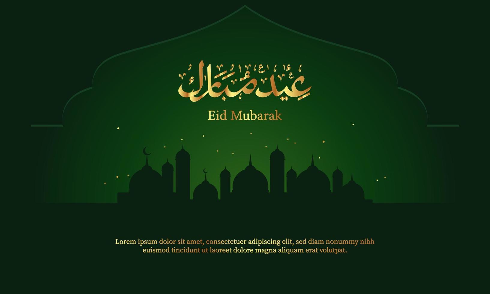 fondo de eid mubarak con caligrafía árabe y silueta de mezquita. vector