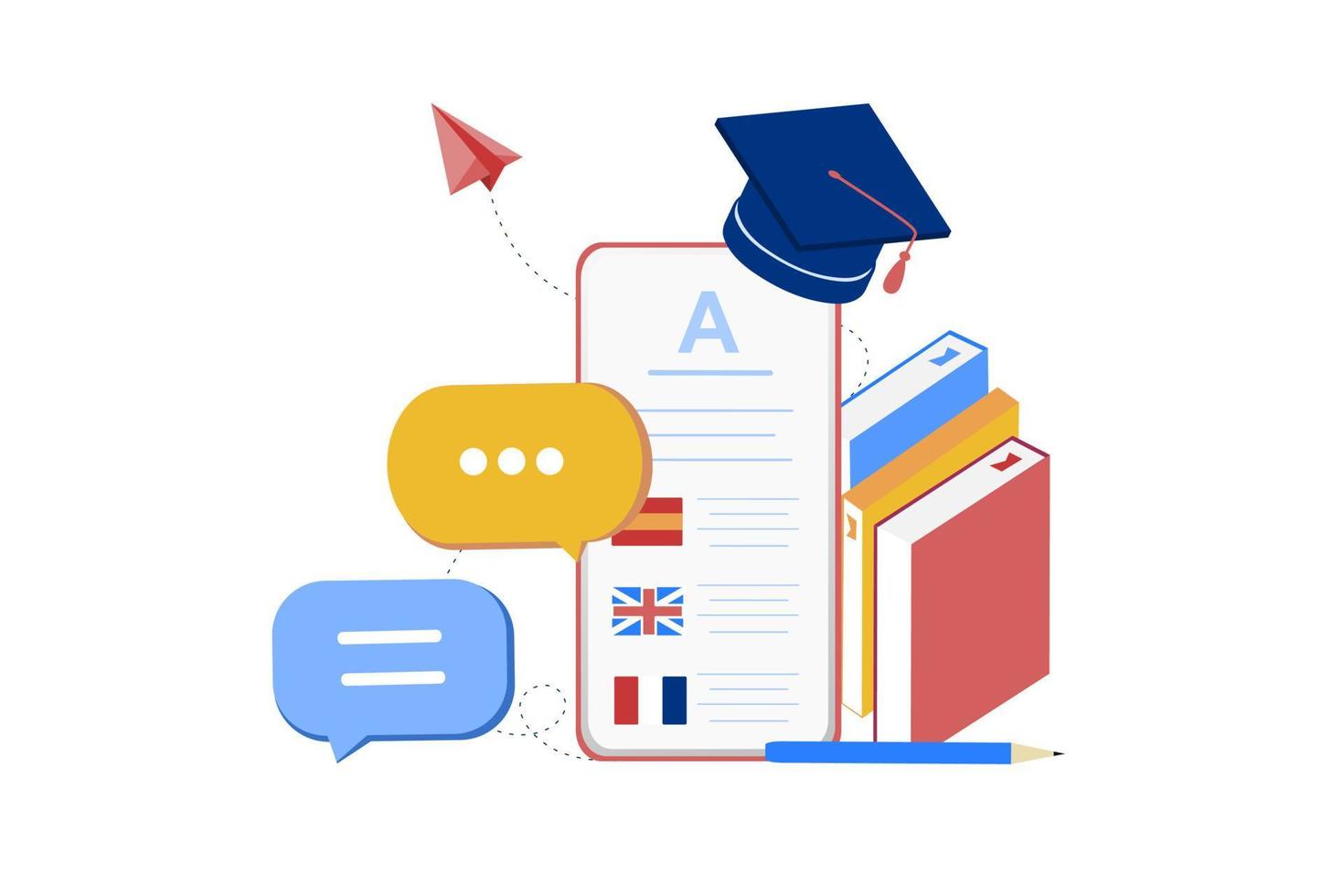 Modern 3D isometric of online languages learning, language courses banner template for website and mobile development. Literal translation, personal assistant, e-learning concept. Vector illustration.
