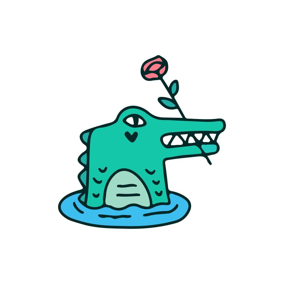Crocodile bite a roses, illustration for t-shirt, sticker, or apparel merchandise. With doodle, retro, and cartoon style. vector
