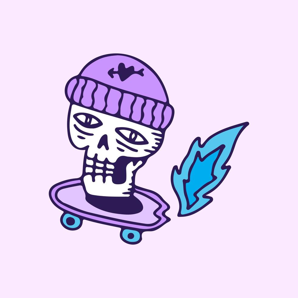 Skull head with beanie hat ride a skateboard, illustration for t-shirt, sticker, or apparel merchandise. With doodle, retro, and cartoon style. vector