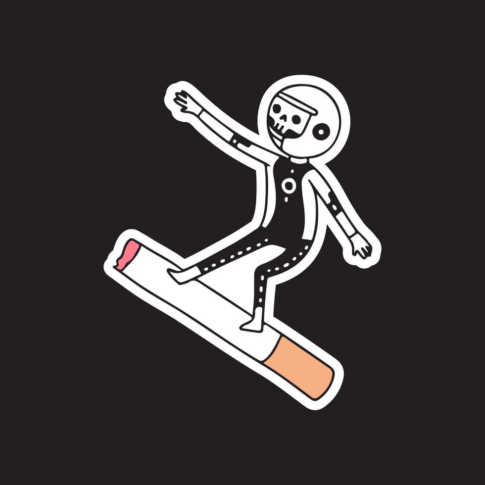 Skull astronaut ride a cigarette, illustration for t-shirt, sticker, or apparel merchandise. With doodle, retro, and cartoon style. vector