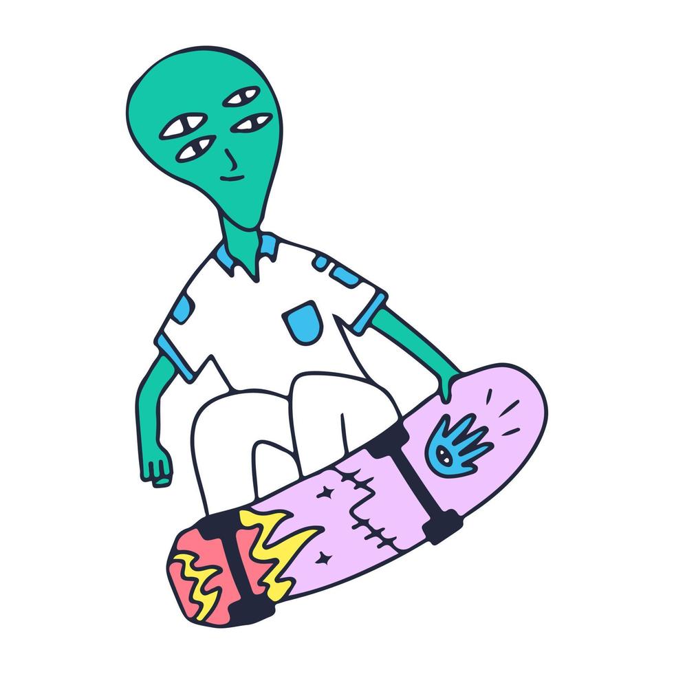Alien with four eyes freestyle with skateboard, illustration for t-shirt, sticker, or apparel merchandise. With doodle, retro, and cartoon style. vector