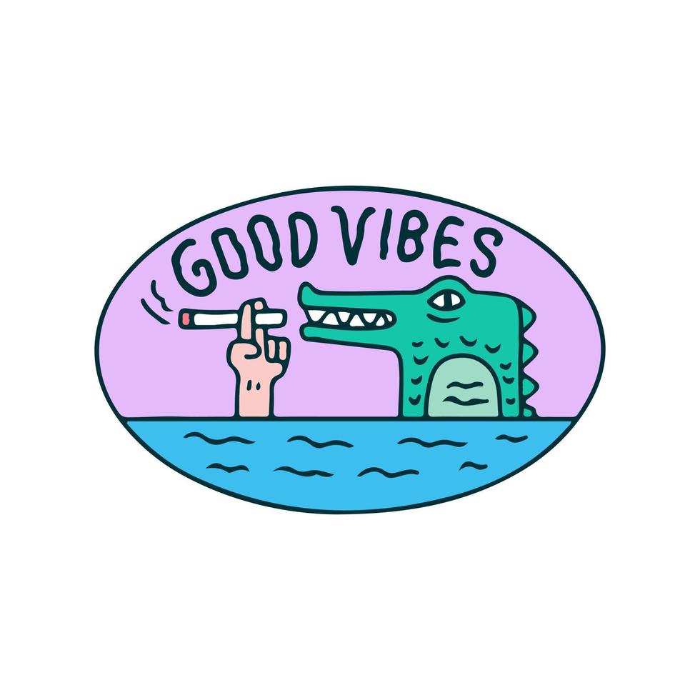 Crocodile smoke a cigarette with good vibes typography, illustration for t-shirt, sticker, or apparel merchandise. With doodle, retro, and cartoon style. vector