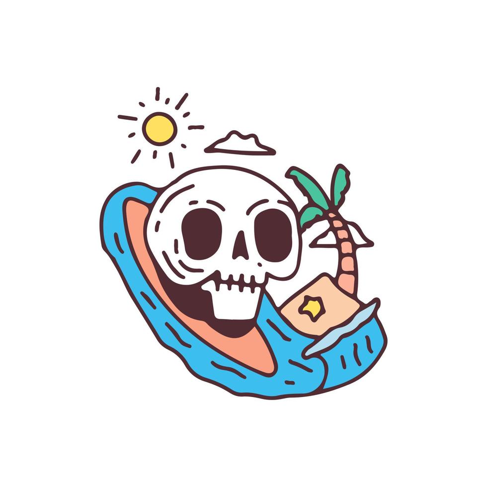 Summer skull surfing, illustration for t-shirt, sticker, or apparel merchandise. With doodle, retro, and cartoon style. vector