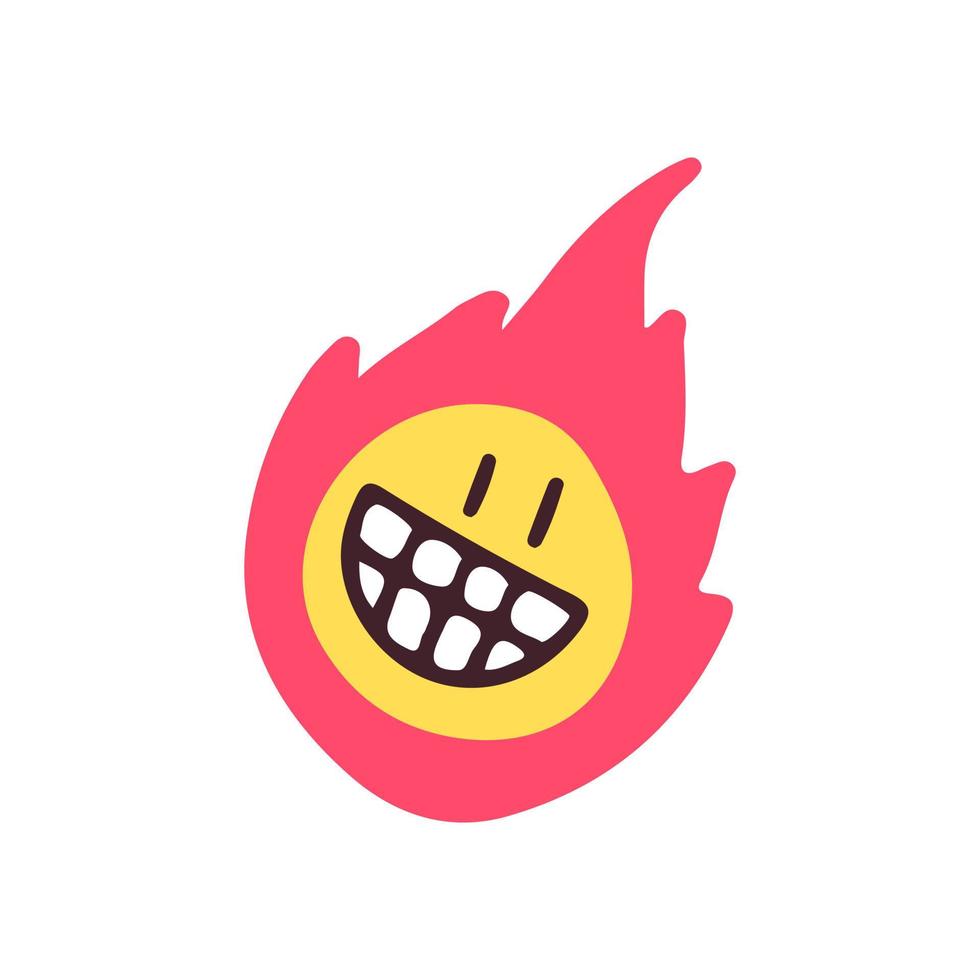 emoji de cara sonriente y fuego, ilustración para camisetas, pegatinas o prendas de vestir. con garabato, pop suave y estilo de dibujos animados. vector