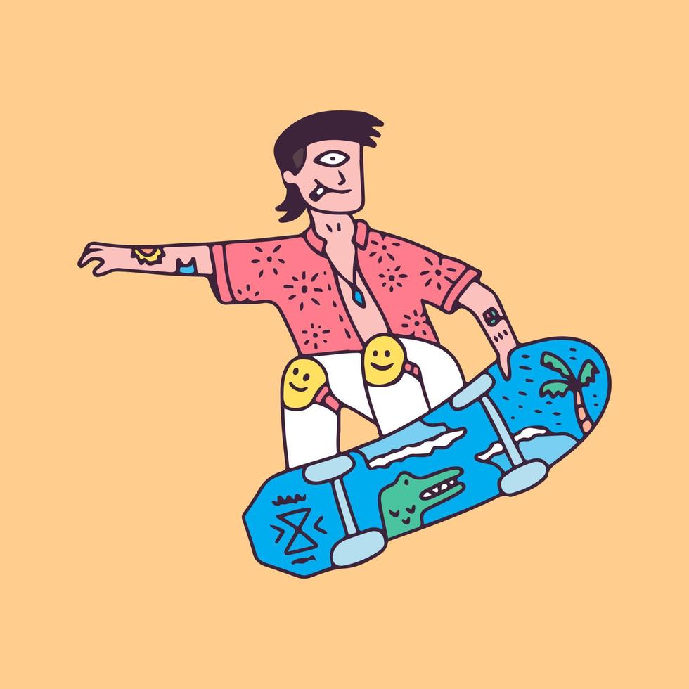 hombre con cabello liso y estilo libre de un ojo con patineta, ilustración para camisetas, calcomanías o prendas de vestir. con estilo garabato, retro y caricatura. vector