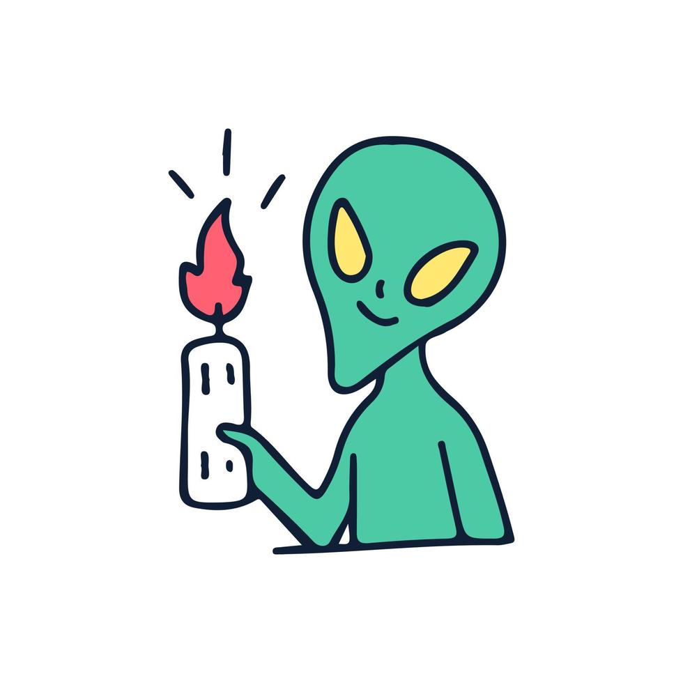 Alien holding candle, illustration for t-shirt, sticker, or apparel merchandise. With doodle, retro, and cartoon style. vector