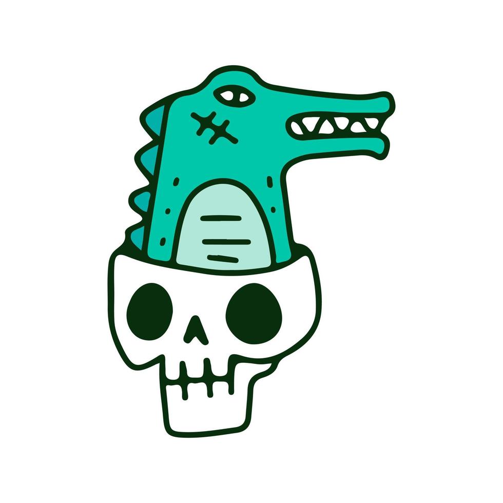 Crocodile and skull head, illustration for t-shirt, sticker, or apparel merchandise. With doodle, retro, and cartoon style. vector