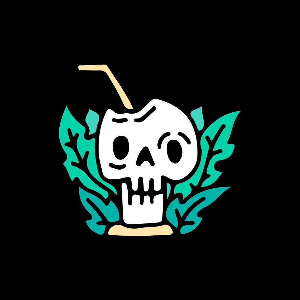 Drink skull head with leafs, illustration for t-shirt, sticker, or apparel merchandise. With doodle, retro, and cartoon style. vector