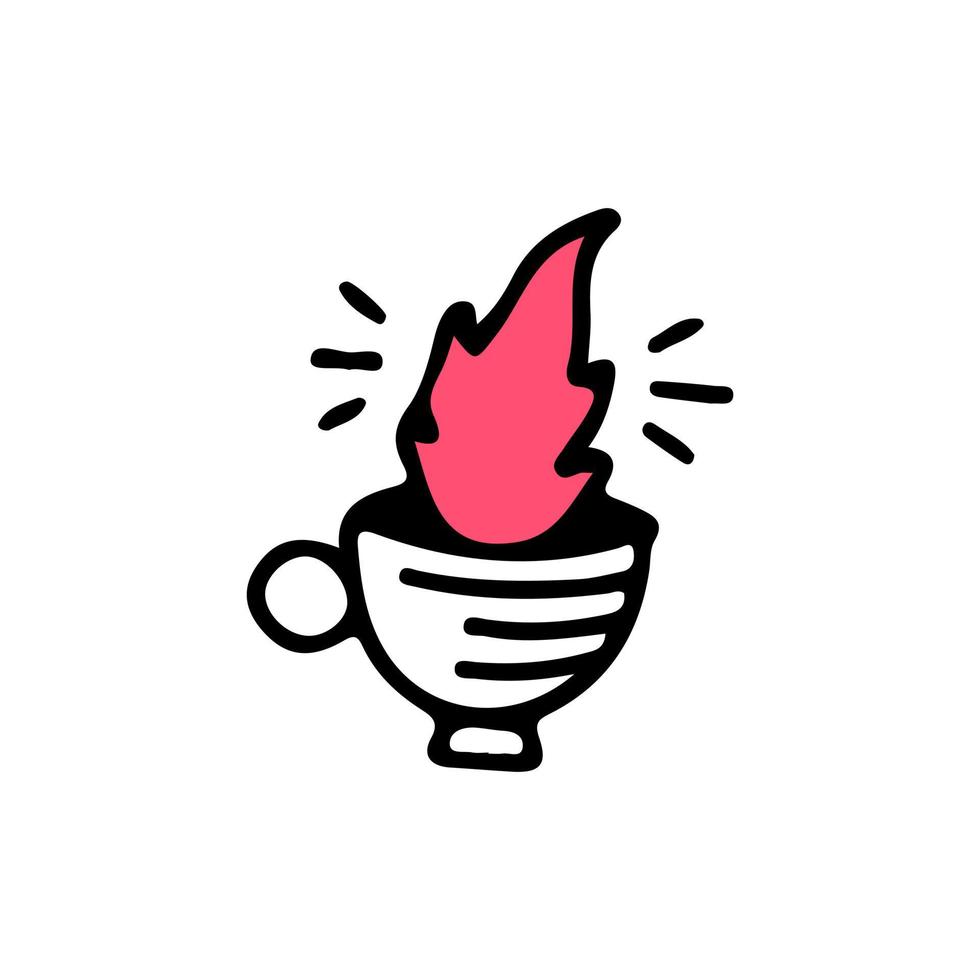 taza de café o té con fuego, ilustración para camisetas, pegatinas o prendas de vestir. con estilo garabato, retro y caricatura. vector