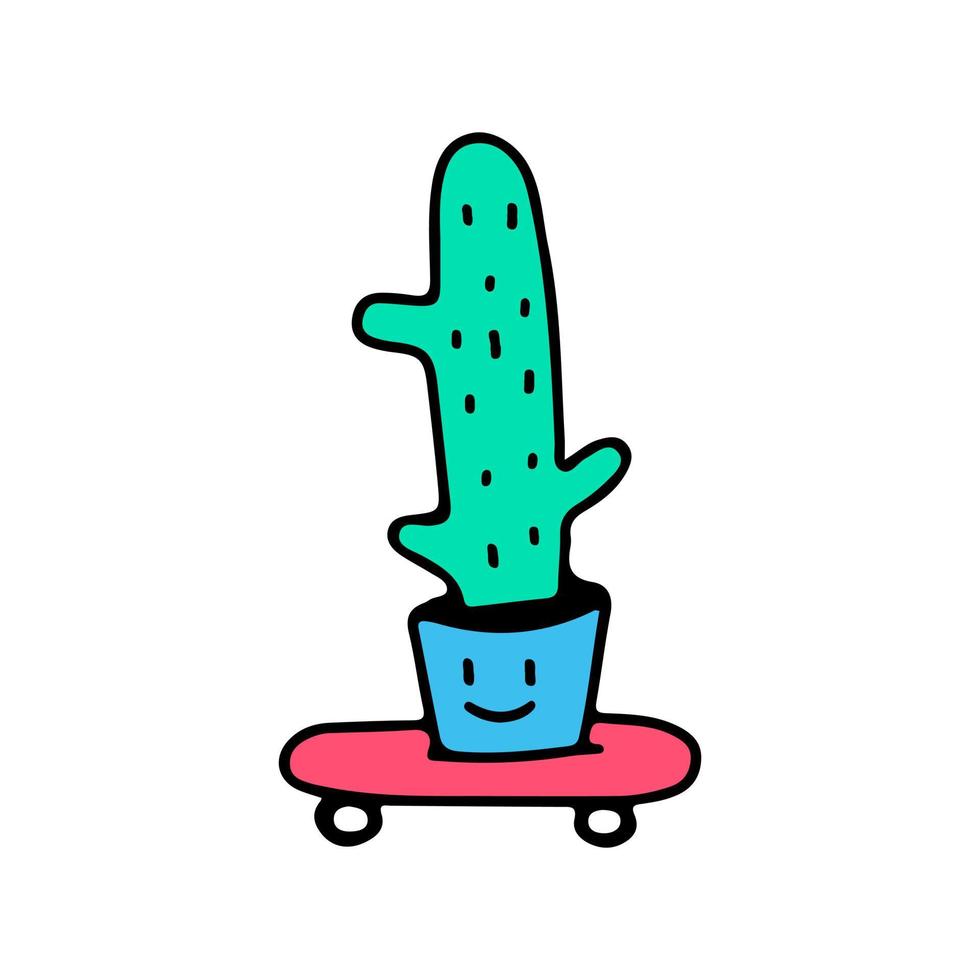 planta de cactus y patineta, ilustración para camisetas, pegatinas o prendas de vestir. con estilo garabato, retro y caricatura. vector