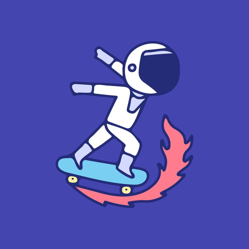 astronauta montando patineta en llamas, ilustración para camisetas, pegatinas o prendas de vestir. con estilo de dibujos animados retro. vector