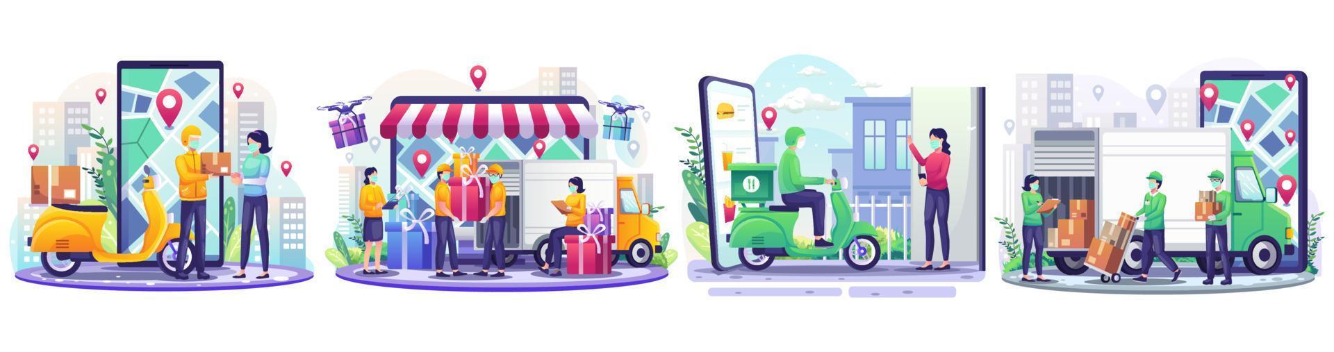 Set of Delivery concept illustration with Delivery man courier and scooter deliver a parcel to customer. Online Food Delivery. Flat style vector illustration