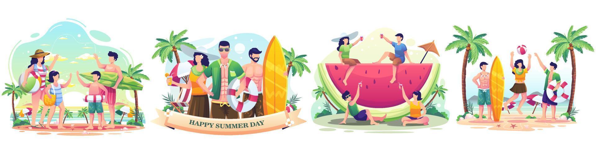 conjunto de concepto de verano con gente disfrutando de las vacaciones durante el verano. gente feliz jugando en la playa. ilustración vectorial de estilo plano vector