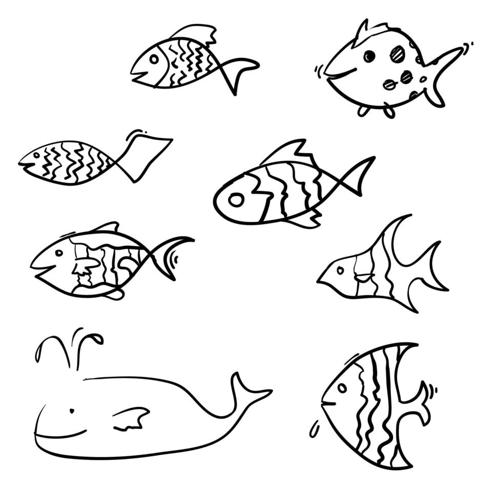 vector de colección de peces de doodle de niño dibujado a mano