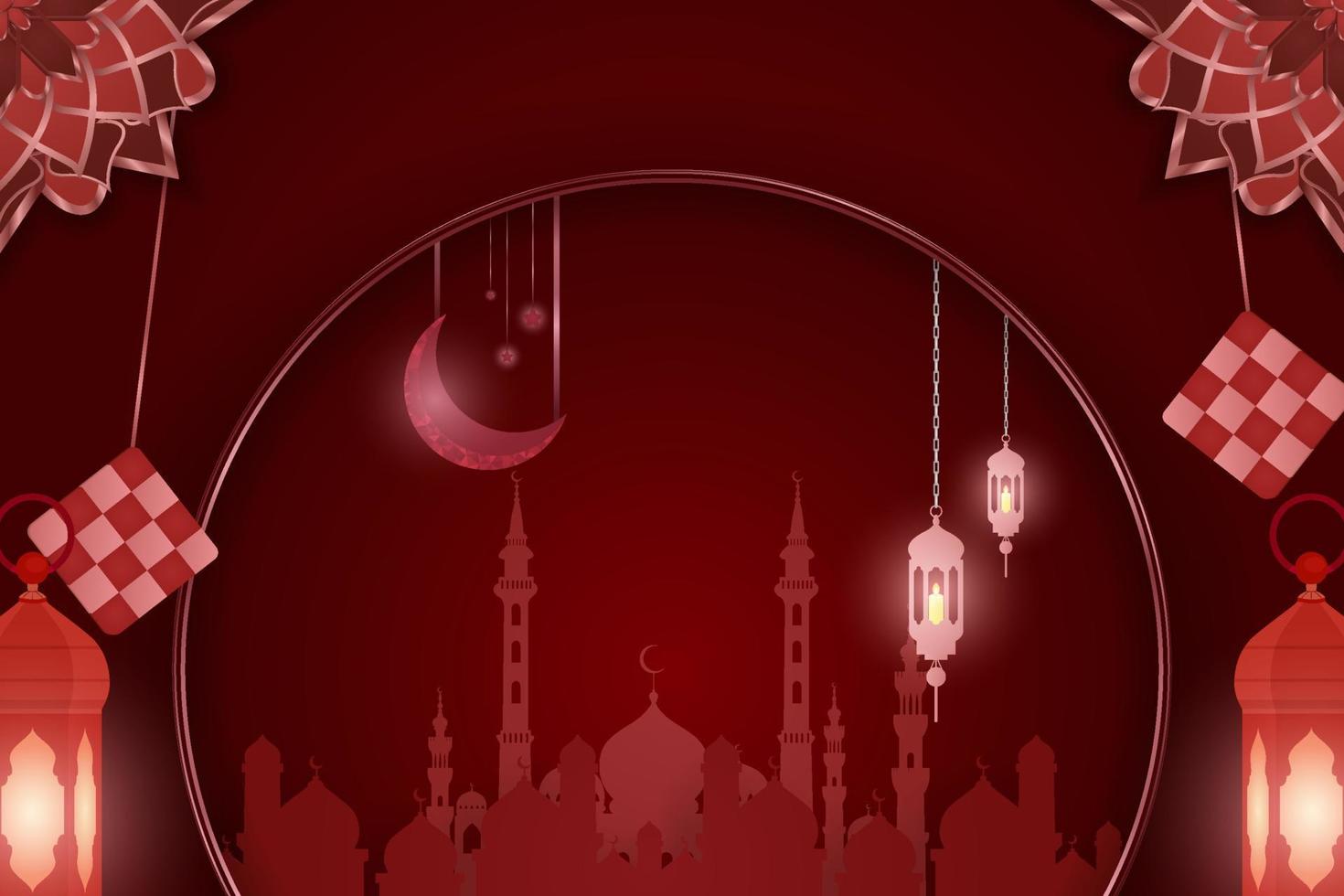 Ramadan Kareem Islamic background red with mosque and line element vector