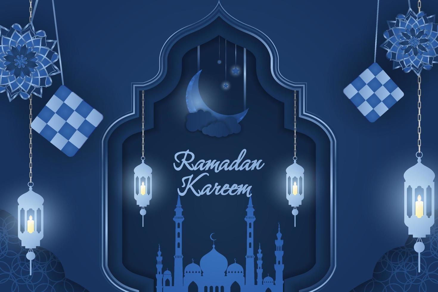 Ramadan Kareem Islamic background blue with mosque and line element vector