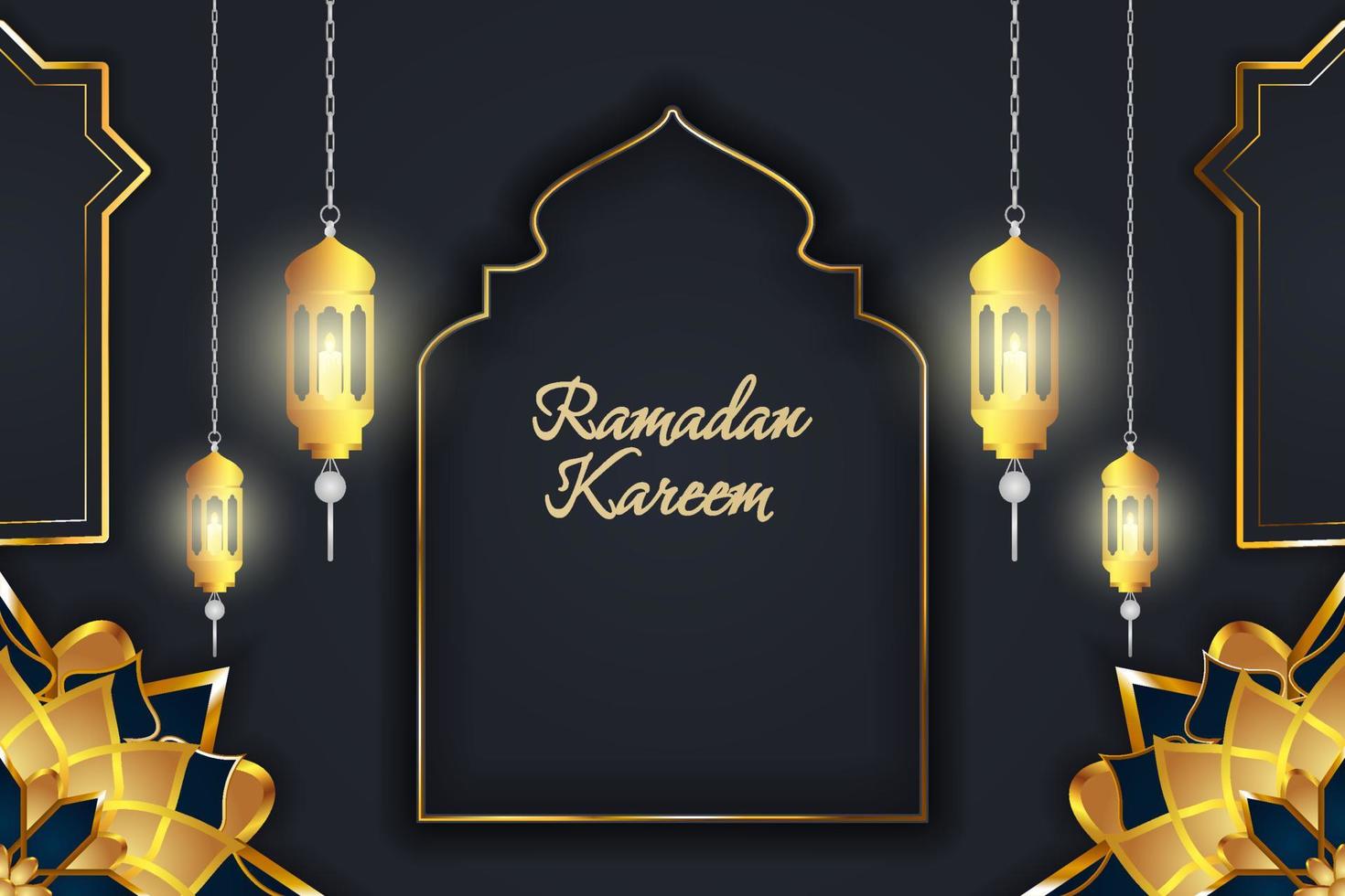 Ramadan Kareem Islamic background black gold luxury with beautiful lamp vector