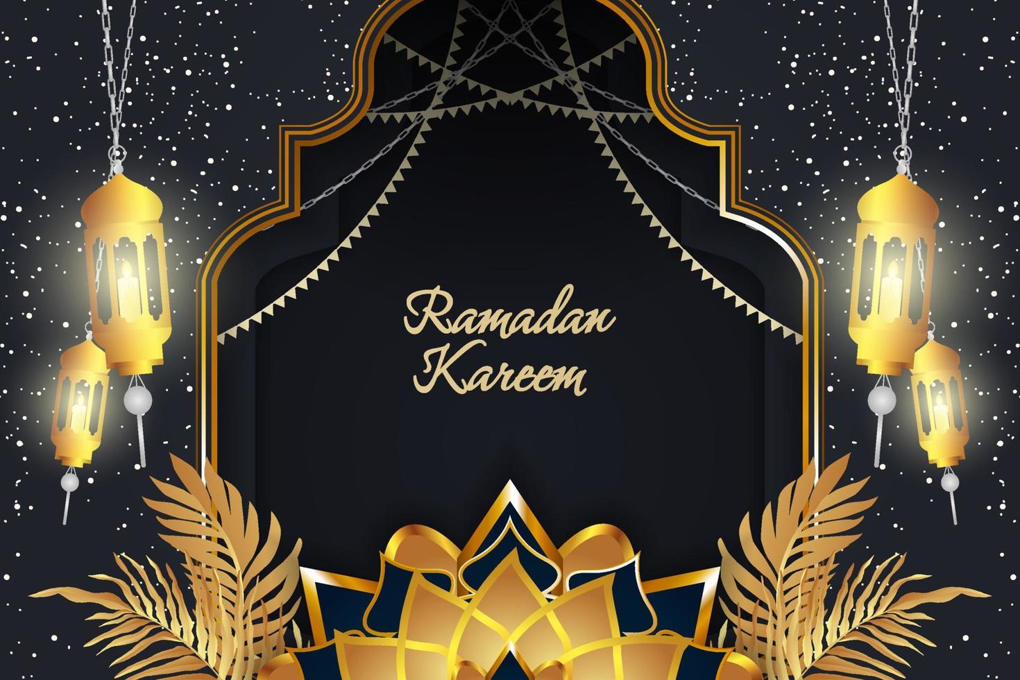 Ramadan Kareem Islamic background with leaf and beautiful lamp black gold luxury vector