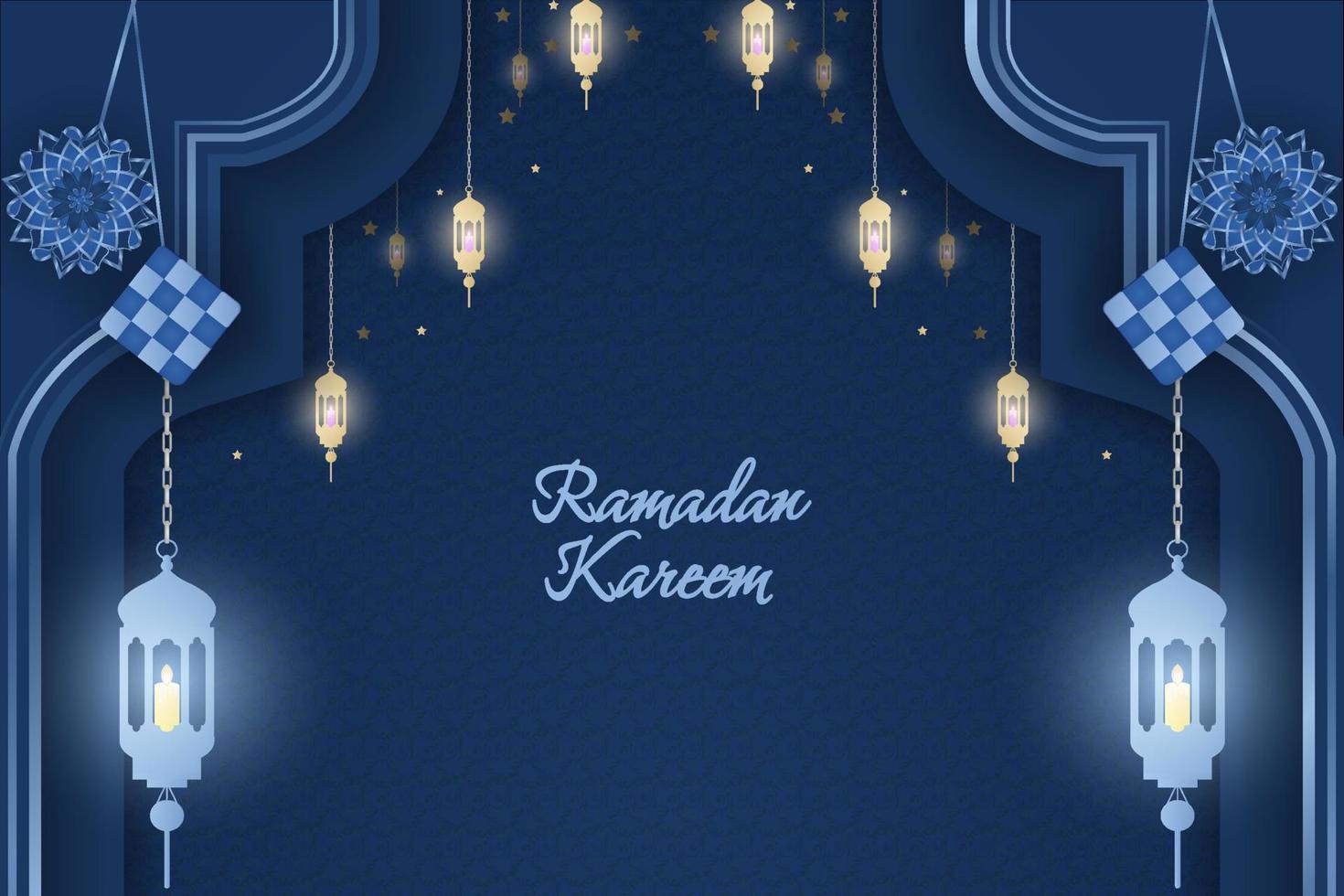 Ramadan Kareem Islamic background blue color with beautiful lamp with element vector