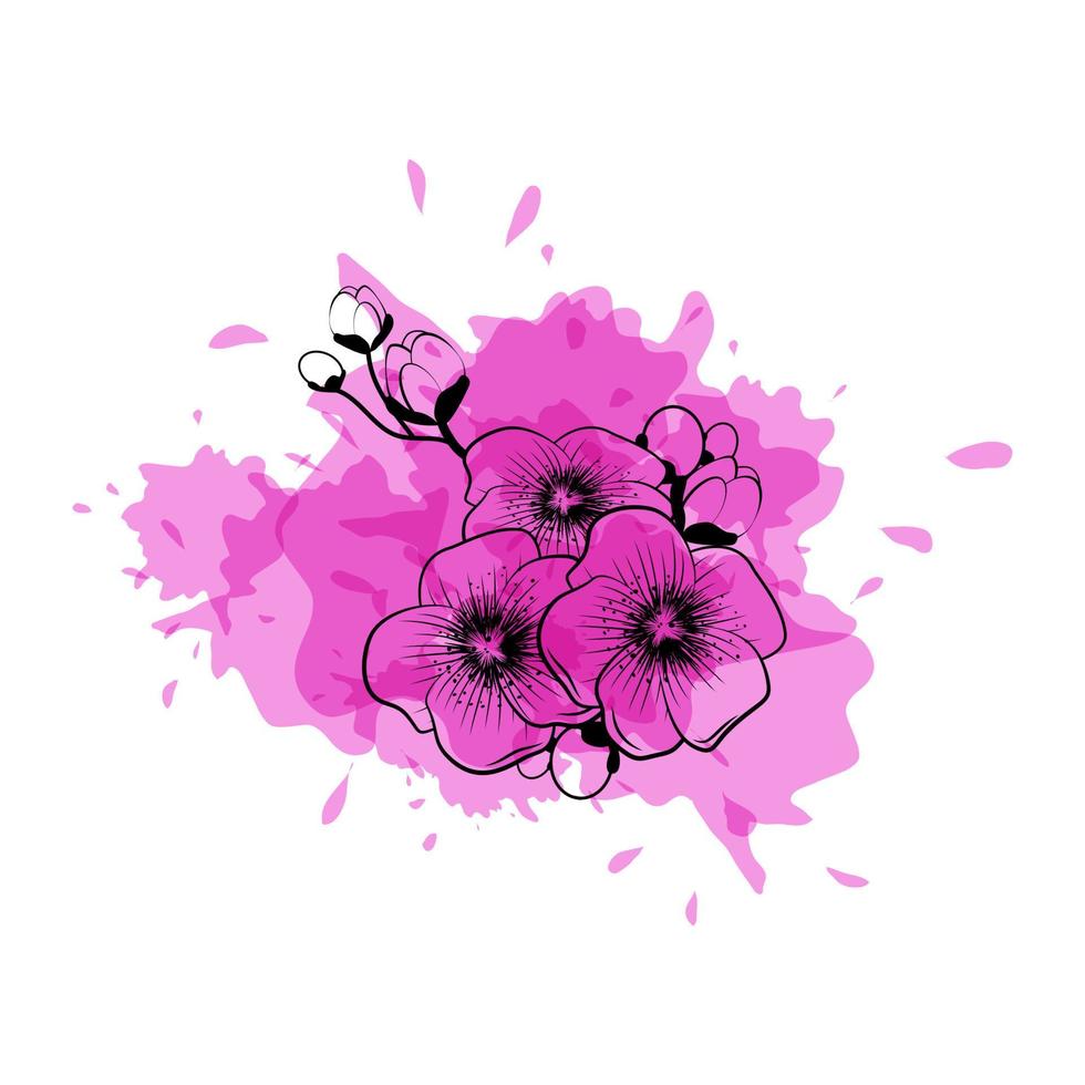 Contours of apple blossoms and buds against a watercolor stain of a helmet vector