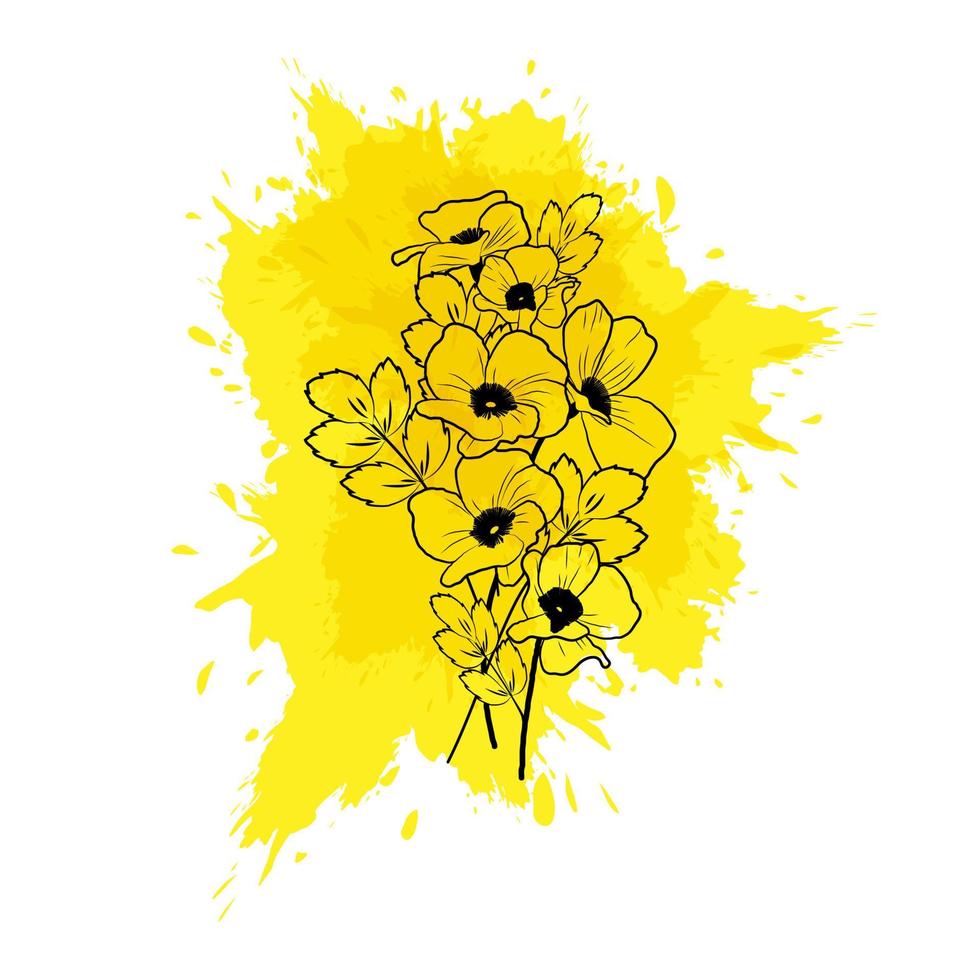 Outline of briar flowers on yellow watercolor stain vector