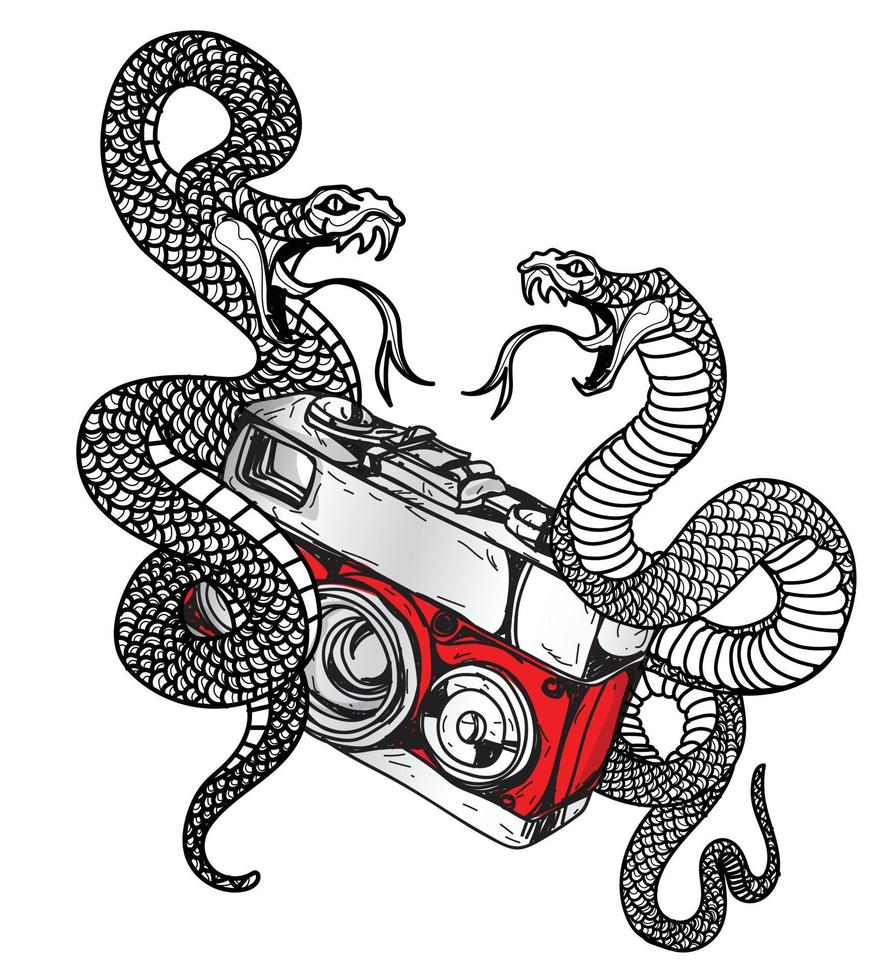 Tattoo art antique camera and snake hand drawing and sketch vector