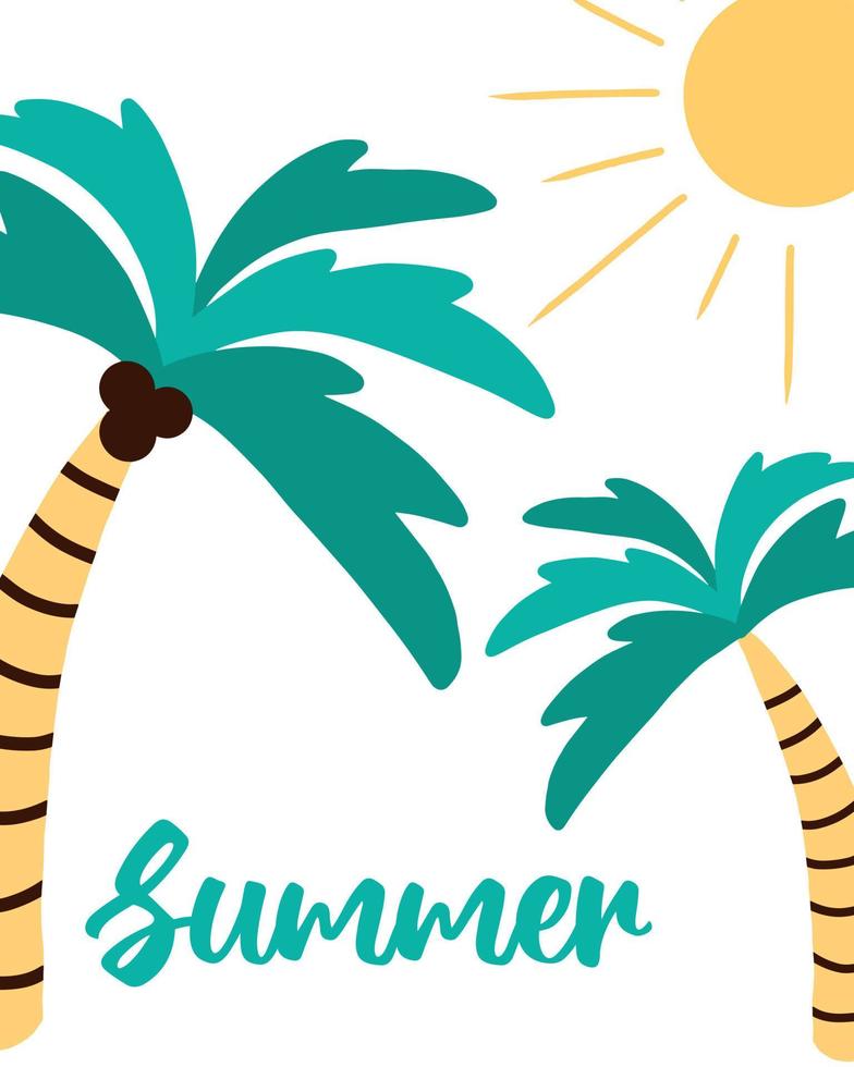 postal dibujada a mano de verano con palmeras y sol. cartel sobre el tema de las vacaciones de verano. ilustración vectorial en estilo dibujado a mano. vector