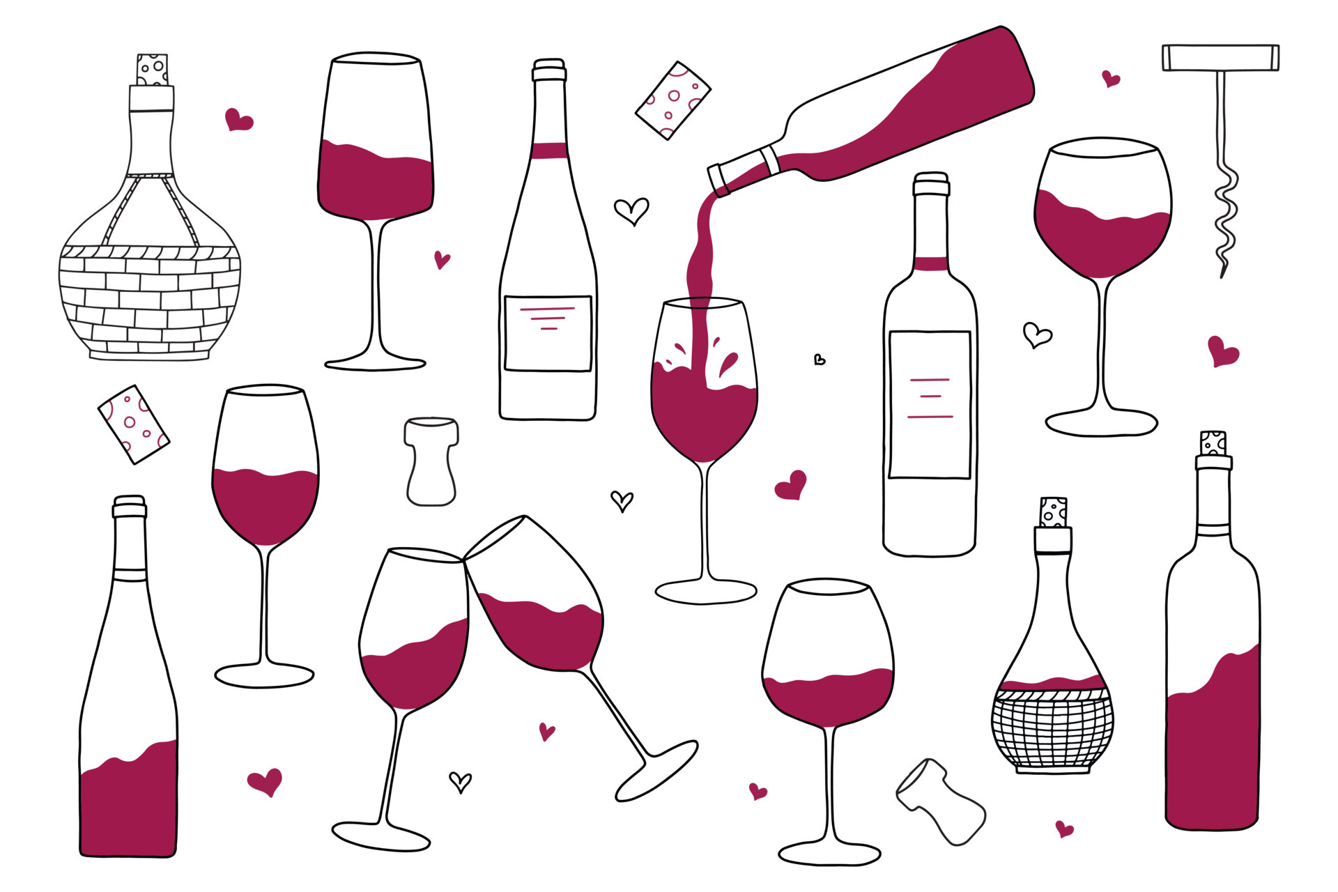 Red wine, glass, corkscrew. Vector design elements in doodle style