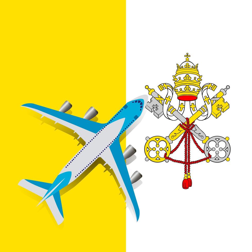 plano y bandera de la ciudad del vaticano santa sede. concepto de viaje para el diseño. el avión sobrevuela la bandera del vaticano. vector