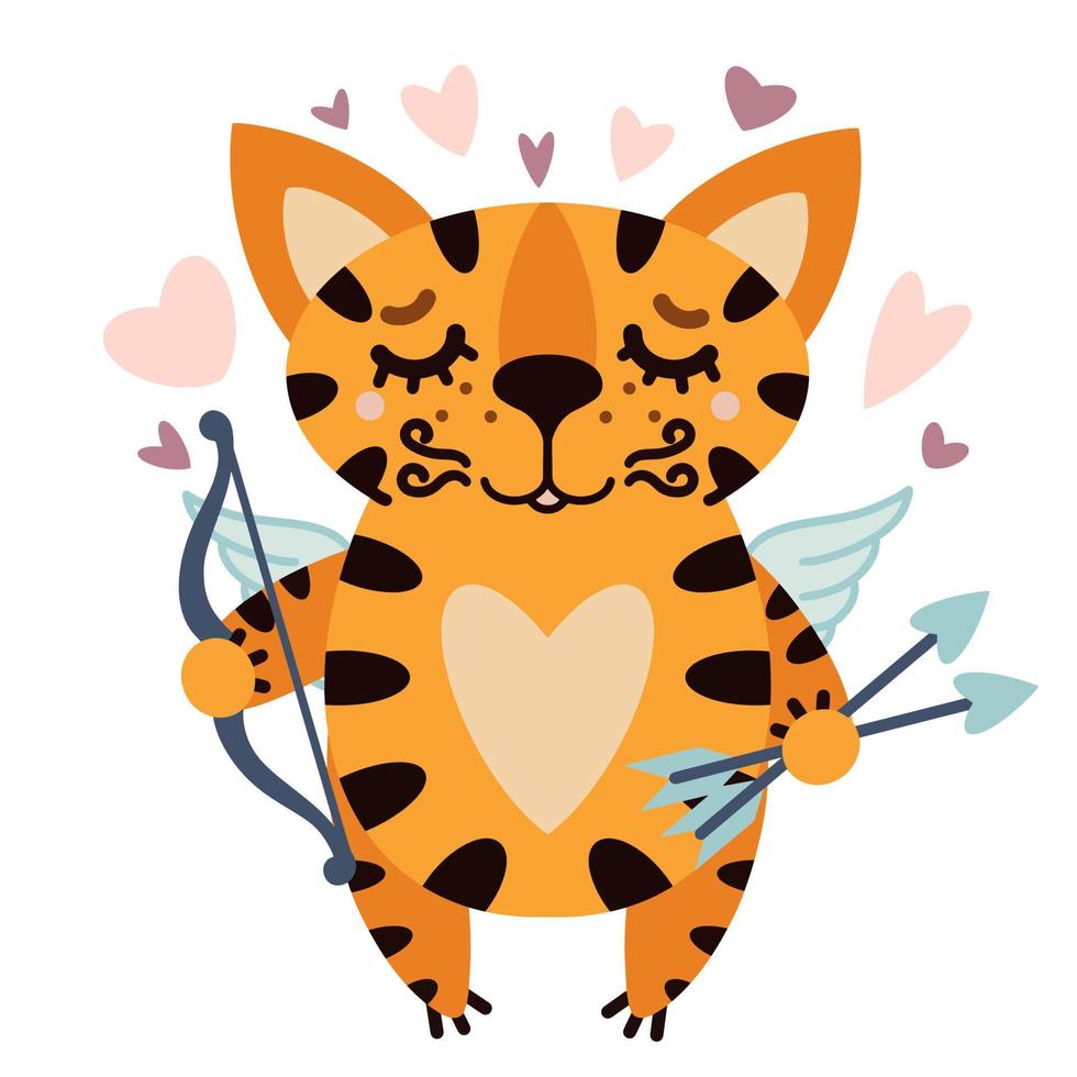 lindo tigre rayado de dibujos animados. animal con arco y flecha. gato con alas. ilustración aislada para el día de san valentín en blanco. depredador sonriente con corazones. linda huella de bebé. vector