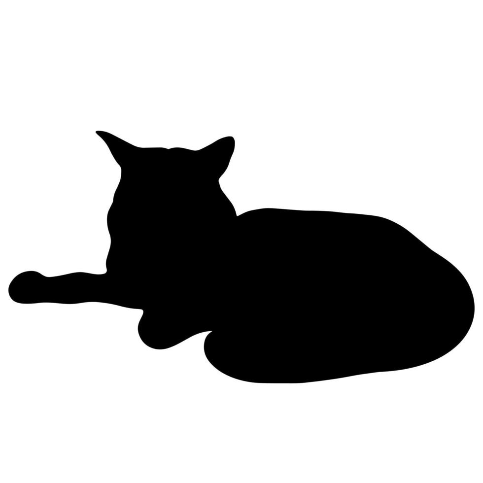 icono de vector de gato negro. la mascota miente. silueta negra dibujada a mano de un animal. ilustración aislada de una bestia sobre un fondo blanco. contornos de maine coon. Gato domestico.