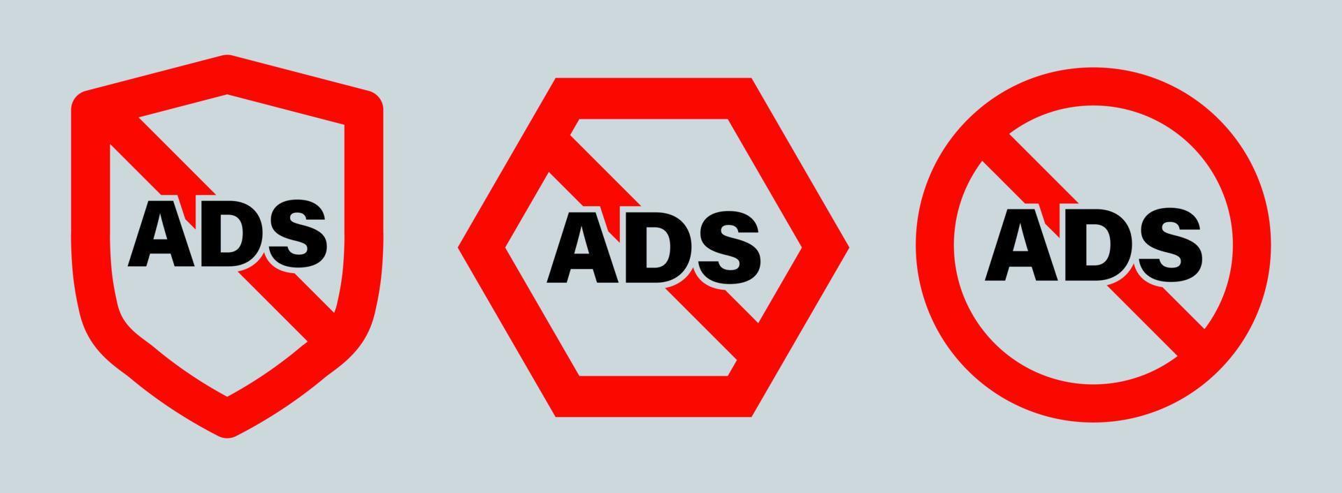 No ads symbol collection. Ad blocking red line icon. Red crossed round button. vector