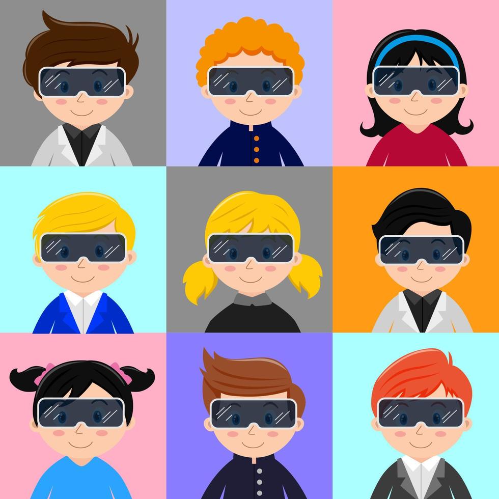 dibujos animados de metaverso, niños felices con máscara de realidad aumentada vr mundo en línea vector