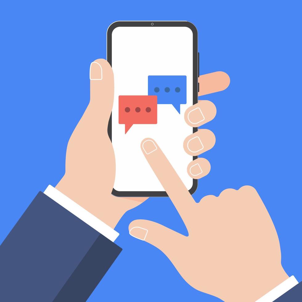 Hand holding black mobile phone isolated on blue background. Smartphone on human's hand with red and blue chat bubbles and index finger pointer touch the screen flat design vector illustration