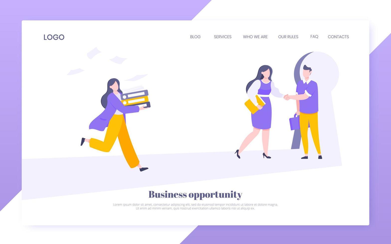 Business key opportunity concept with keyhole and ambitious woman running to career potential. vector