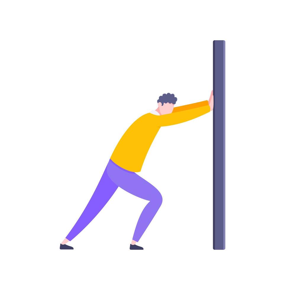 Adult young man pushing the wall. Problem solution or business progress metaphor. vector