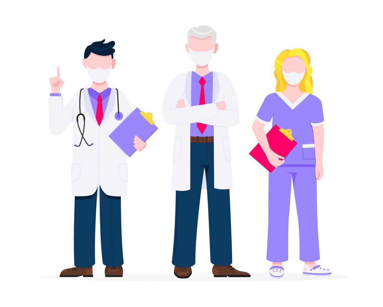 Successful team of medical employee doctors with face masks vector illustration