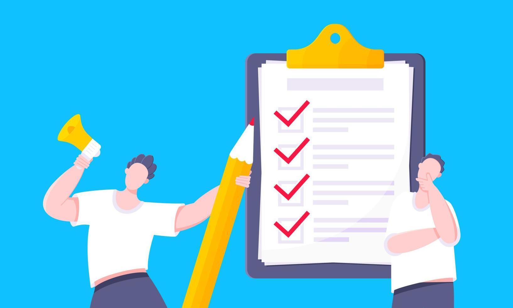 Task done business concept with tiny person with megaphone, pencil nearby giant clipboard complete checklist vector