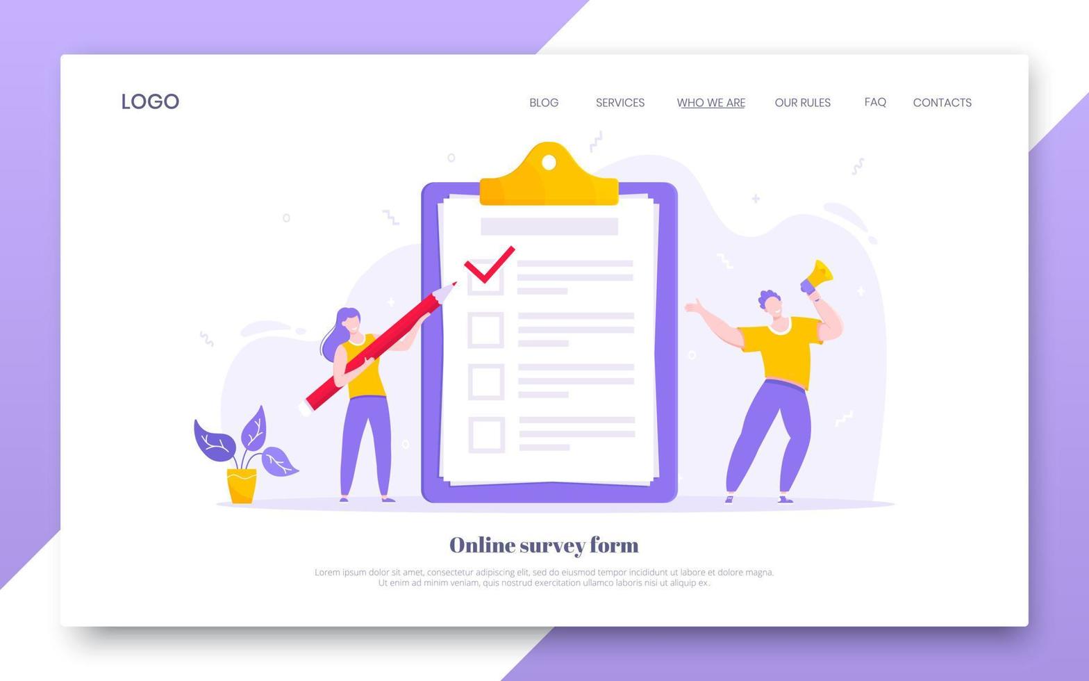 Online survey form business concept with tiny person with large pencil nearby giant clipboard vector