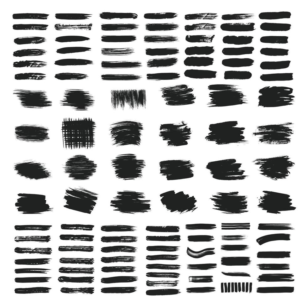 Big set of dirty artistic abstract elements with brush strokes black paint texture vector illustration isolated on white background. Calligraphy brushes high detail abstract elements.