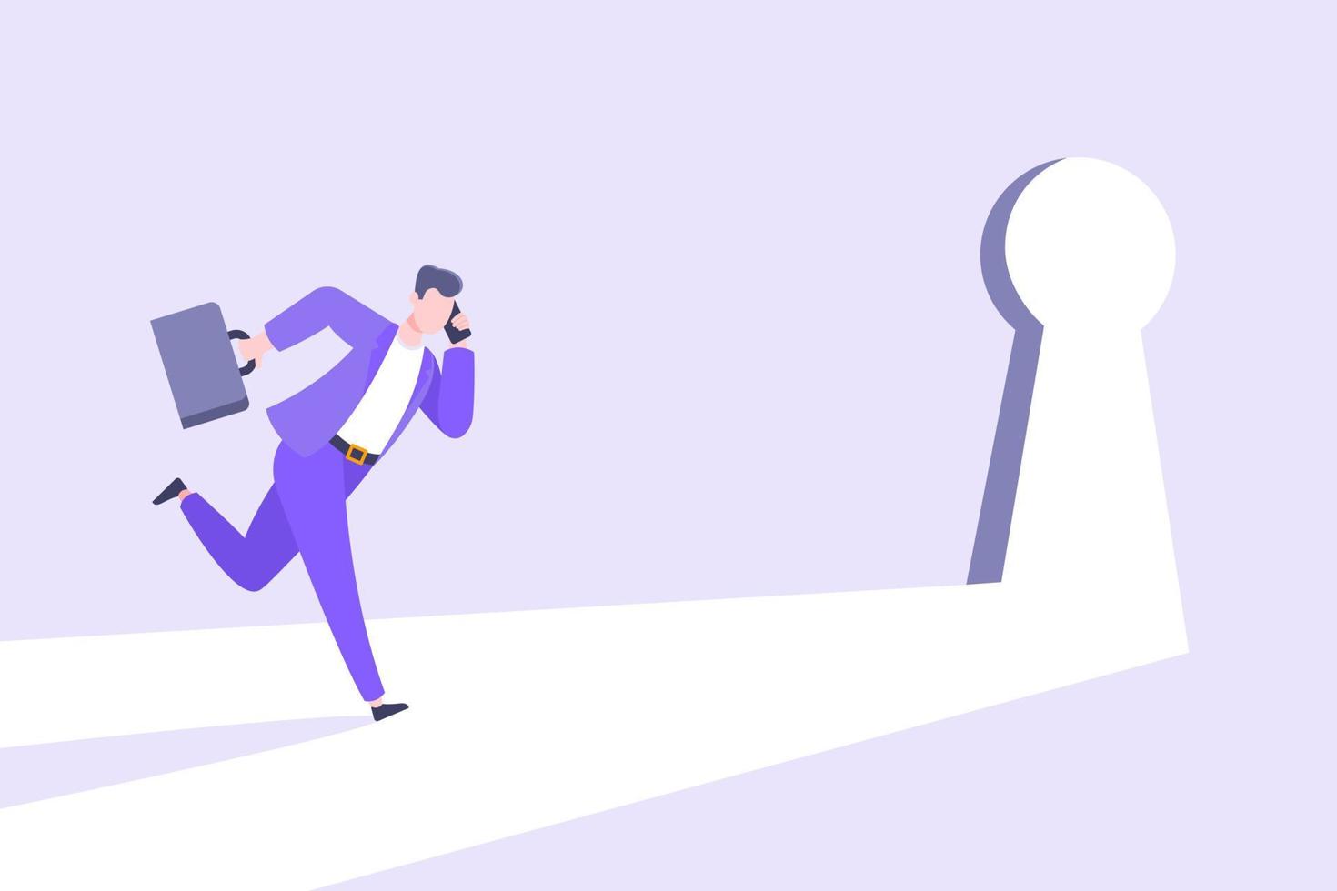 Business key opportunity concept with keyhole and ambitious man running to career potential. vector