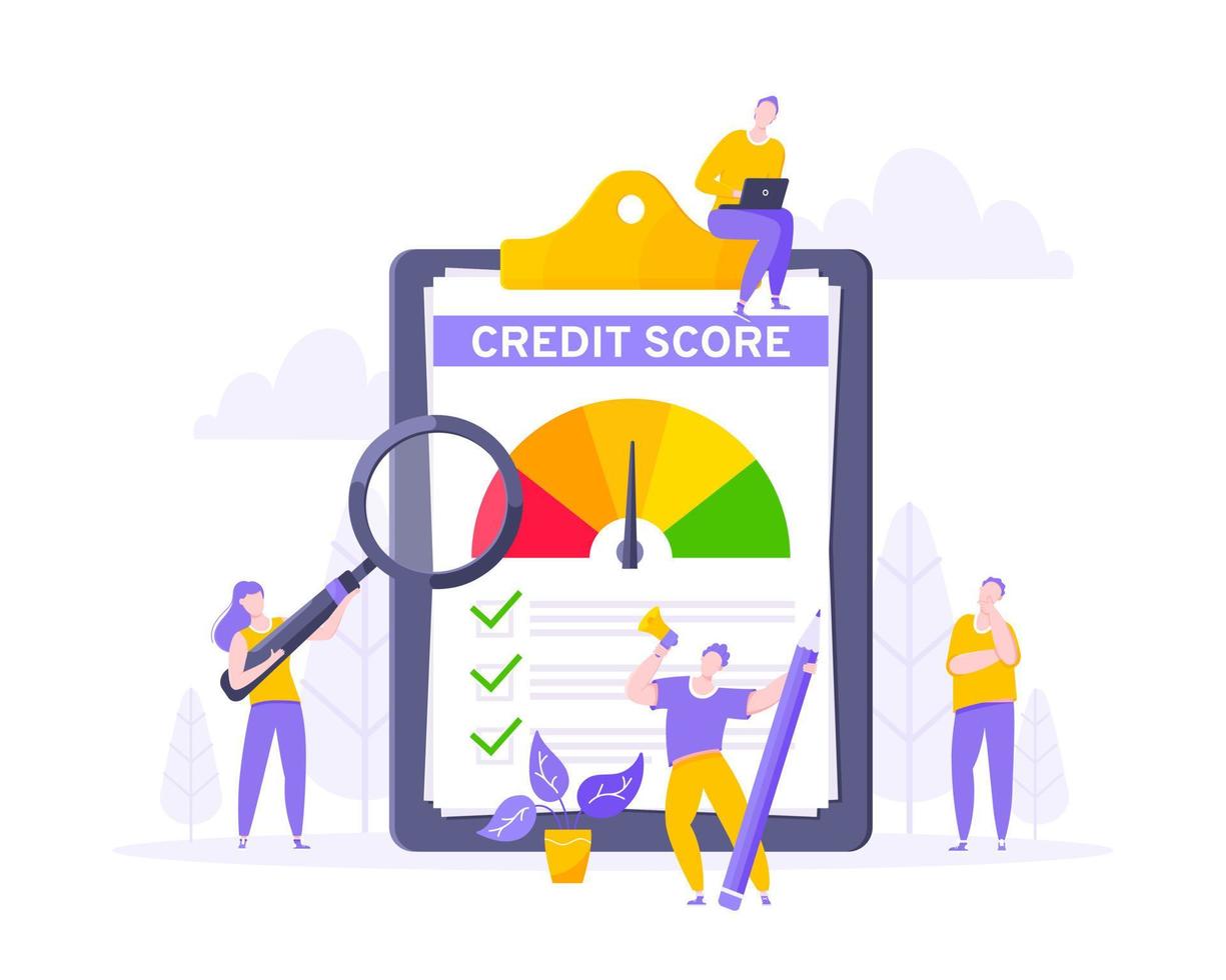 Credit score report with arrow gauge speedometer indicator with color levels on giant clipboard. vector