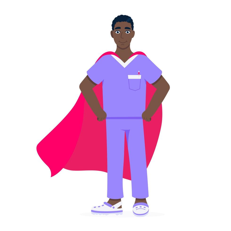 Young male nurse hospital medical employee with hero cape behind vector