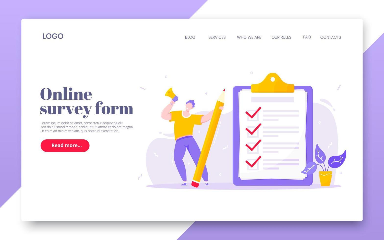 Online survey form business concept with tiny person with megaphone. vector