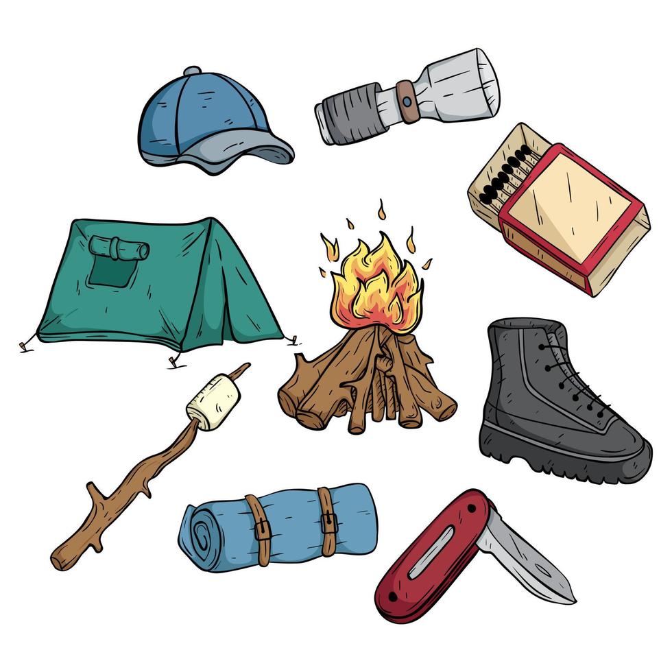 hand drawn camping or hiking elements collection vector